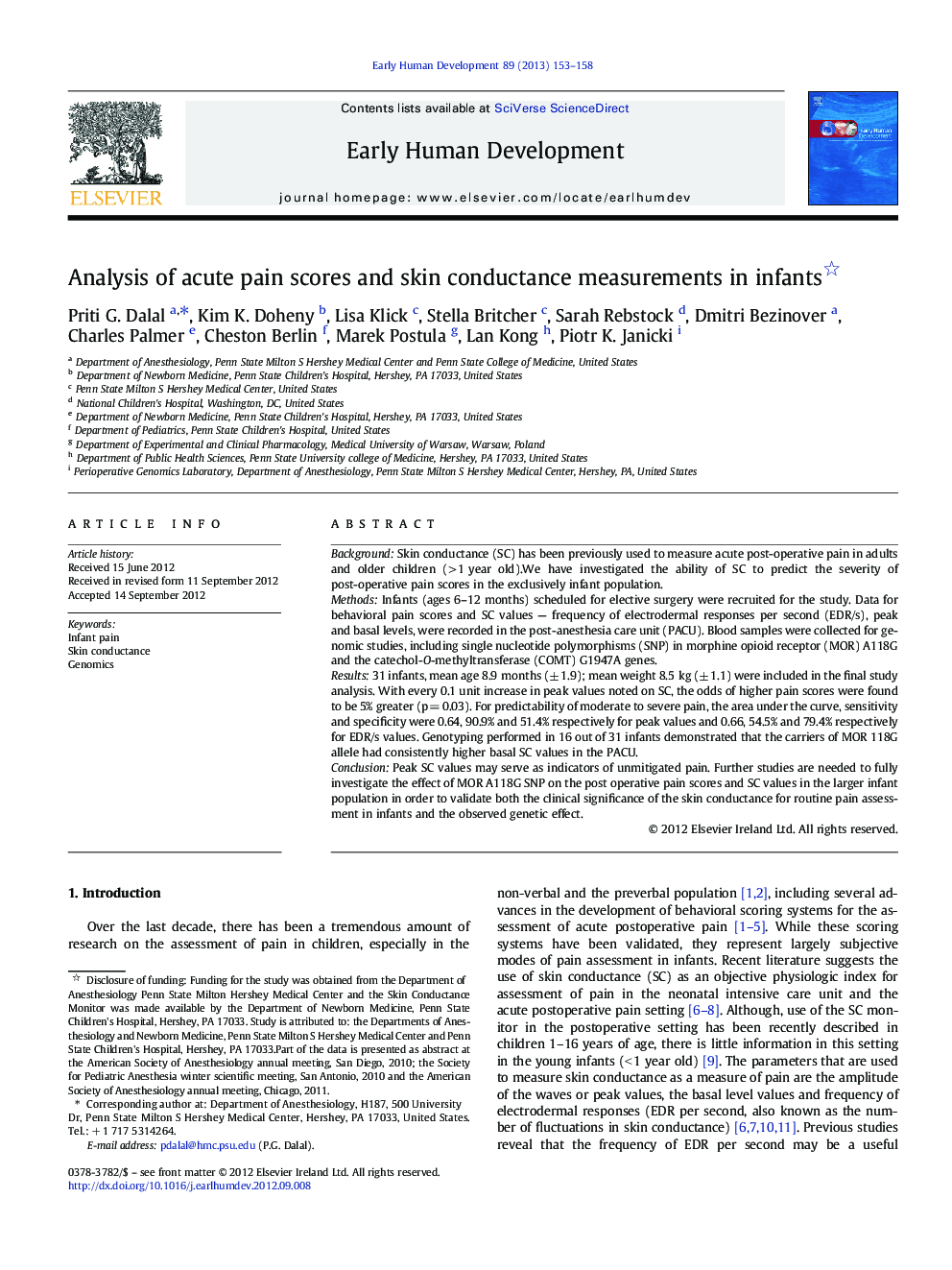 Analysis of acute pain scores and skin conductance measurements in infants 