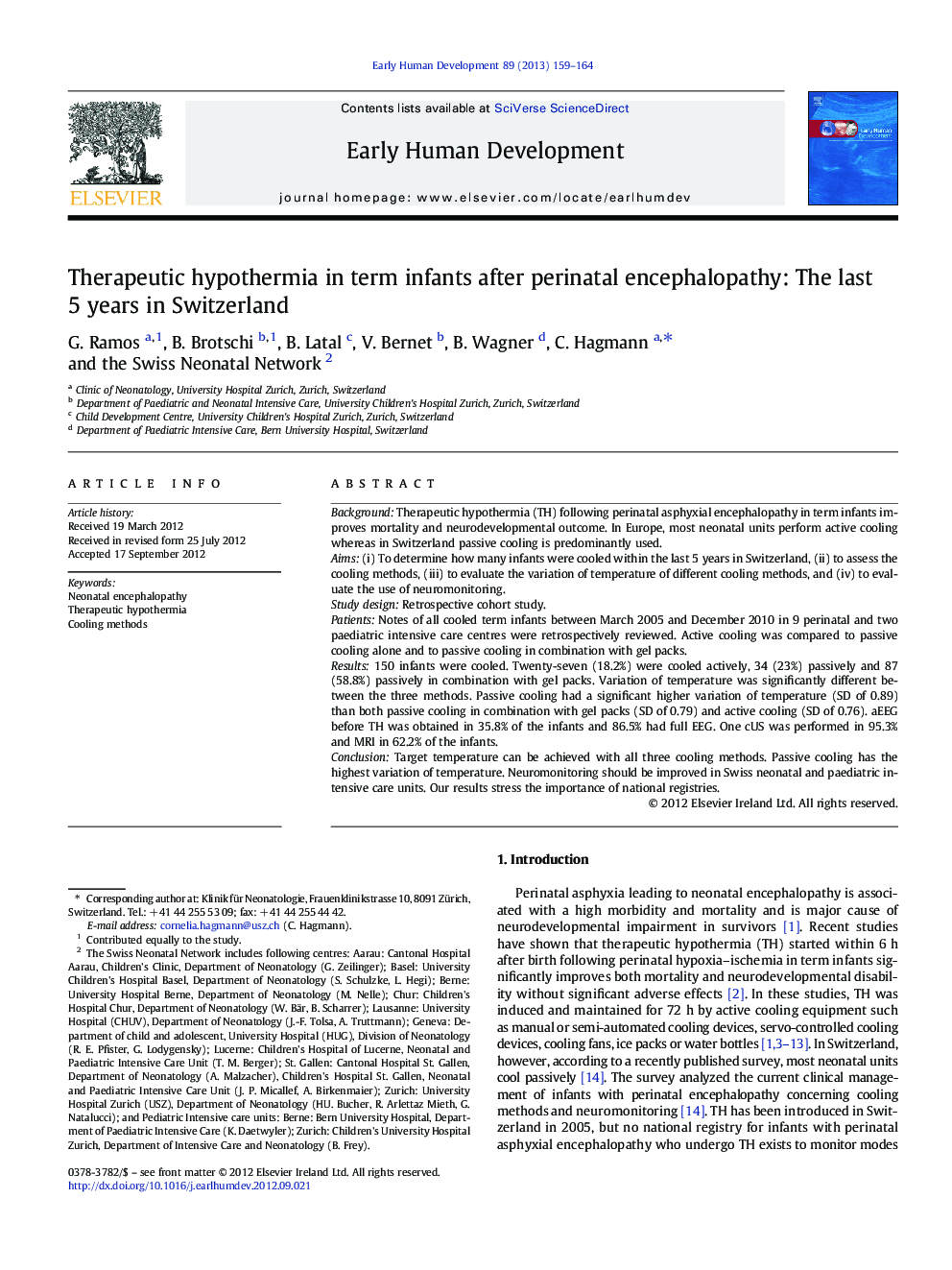 Therapeutic hypothermia in term infants after perinatal encephalopathy: The last 5 years in Switzerland