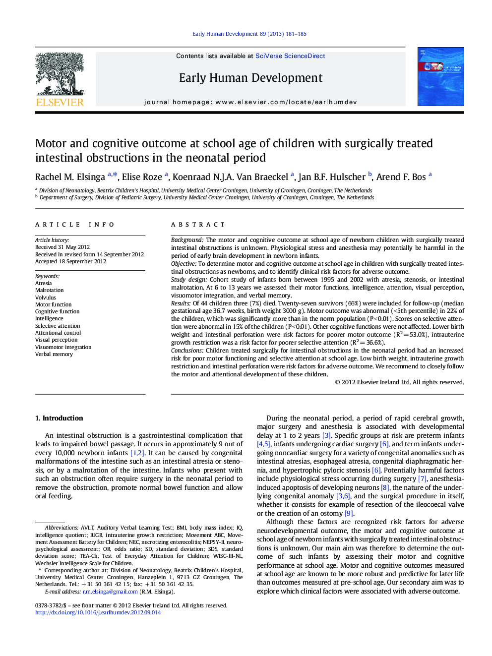 Motor and cognitive outcome at school age of children with surgically treated intestinal obstructions in the neonatal period