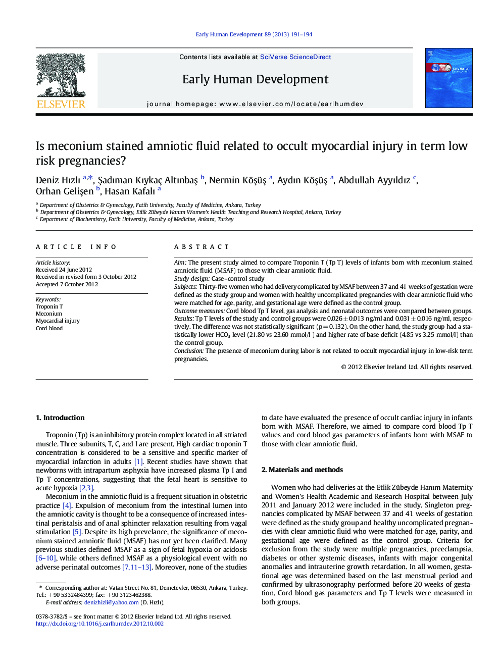 Is meconium stained amniotic fluid related to occult myocardial injury in term low risk pregnancies?