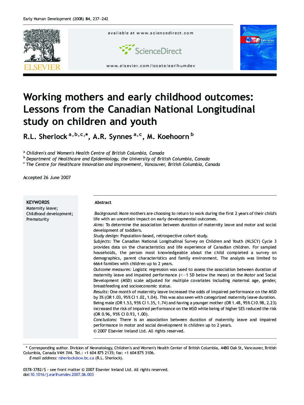 Working mothers and early childhood outcomes: Lessons from the Canadian National Longitudinal study on children and youth