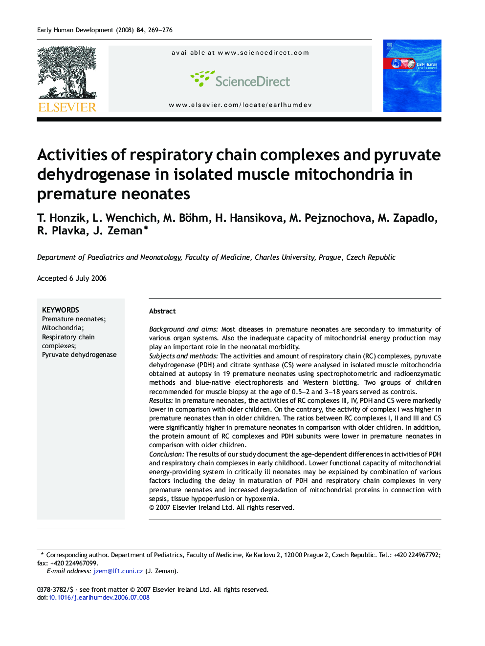 Activities of respiratory chain complexes and pyruvate dehydrogenase in isolated muscle mitochondria in premature neonates