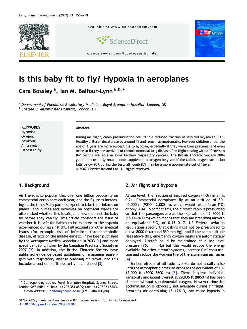 Is this baby fit to fly? Hypoxia in aeroplanes