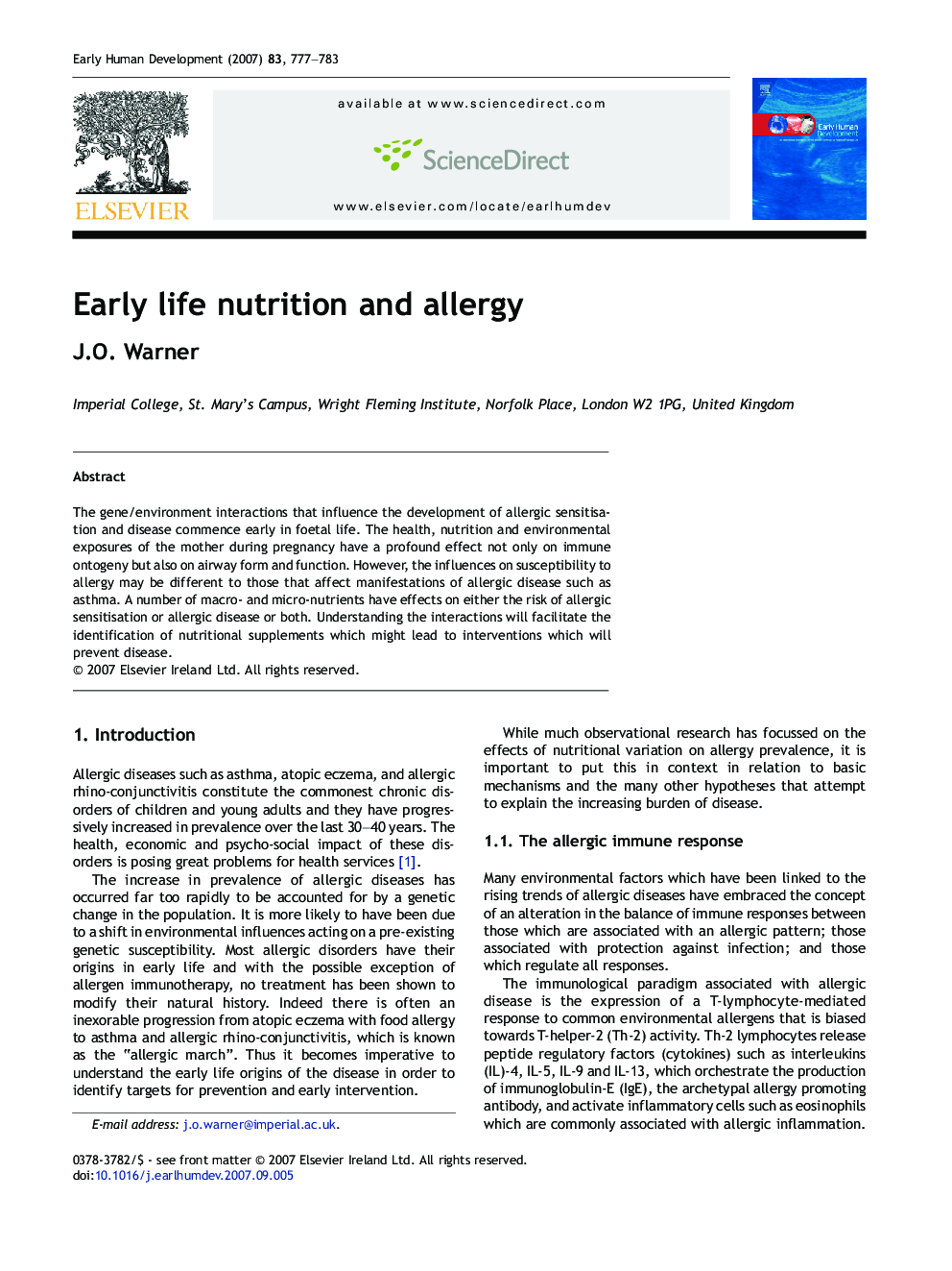 Early life nutrition and allergy