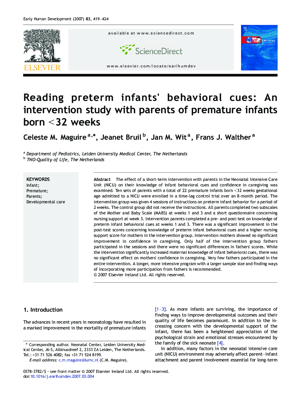 Reading preterm infants' behavioral cues: An intervention study with parents of premature infants born < 32 weeks
