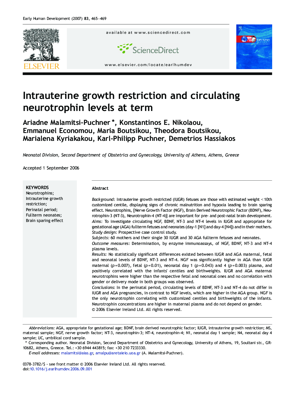 Intrauterine growth restriction and circulating neurotrophin levels at term