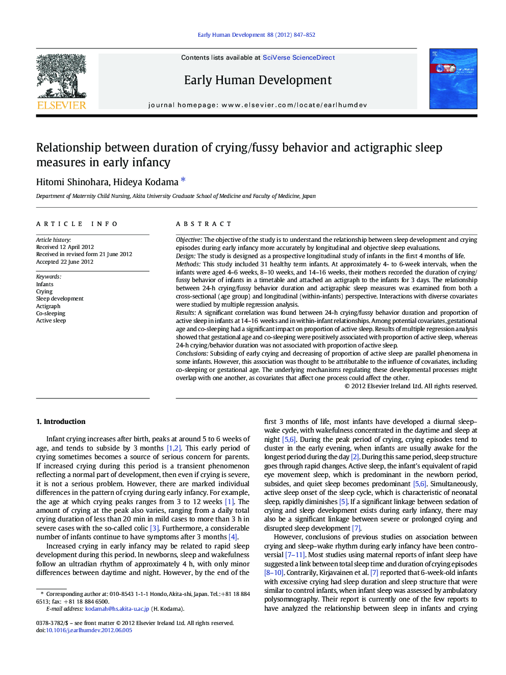 Relationship between duration of crying/fussy behavior and actigraphic sleep measures in early infancy