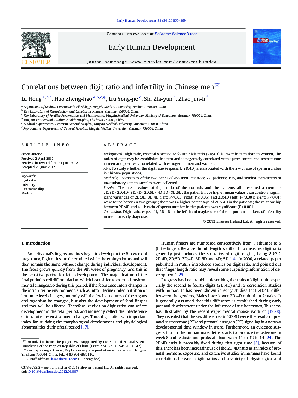 Correlations between digit ratio and infertility in Chinese men 