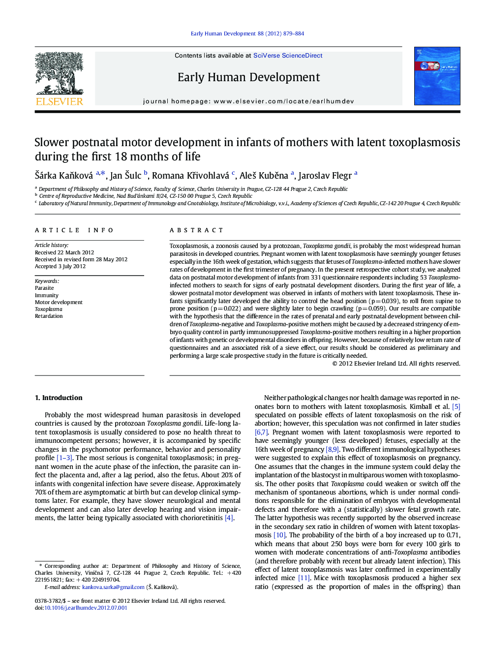 Slower postnatal motor development in infants of mothers with latent toxoplasmosis during the first 18 months of life