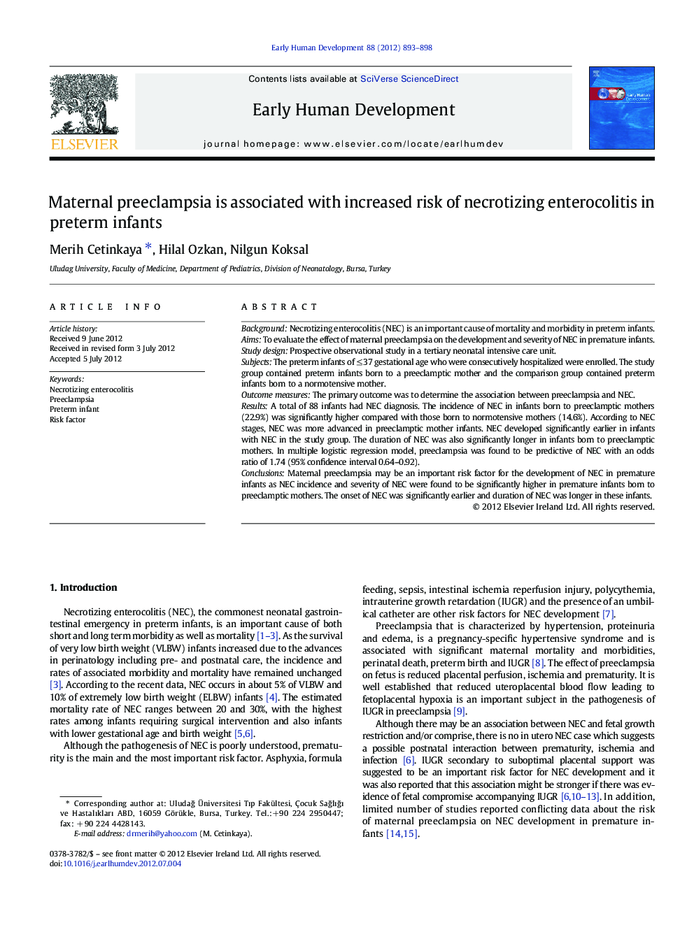 Maternal preeclampsia is associated with increased risk of necrotizing enterocolitis in preterm infants