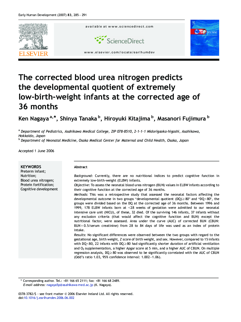 The corrected blood urea nitrogen predicts the developmental quotient of extremely low-birth-weight infants at the corrected age of 36 months