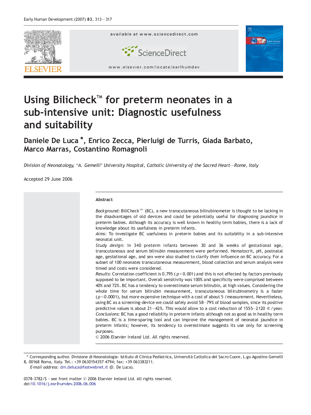 Using Bilicheck™ for preterm neonates in a sub-intensive unit: Diagnostic usefulness and suitability