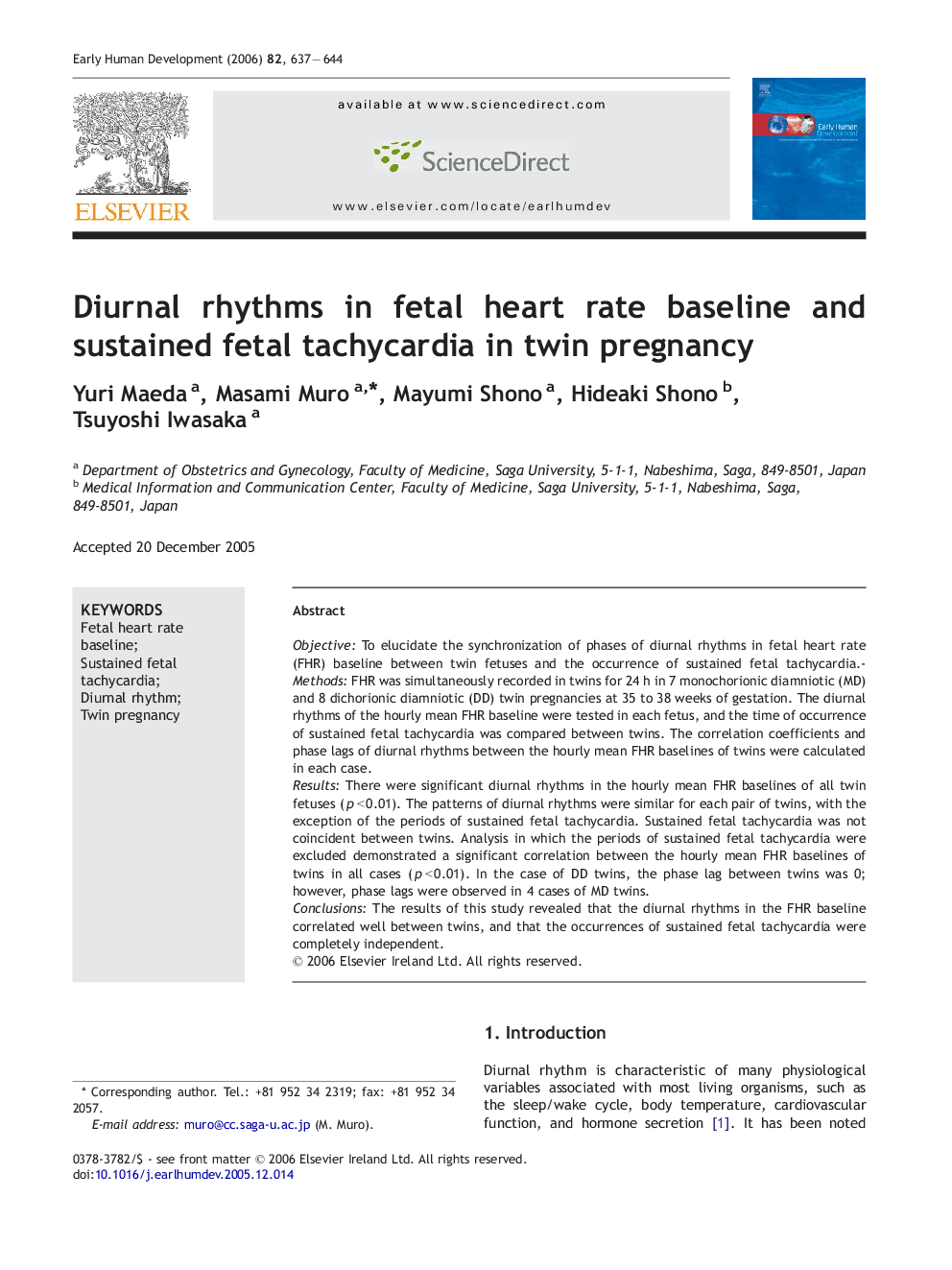 Diurnal rhythms in fetal heart rate baseline and sustained fetal tachycardia in twin pregnancy