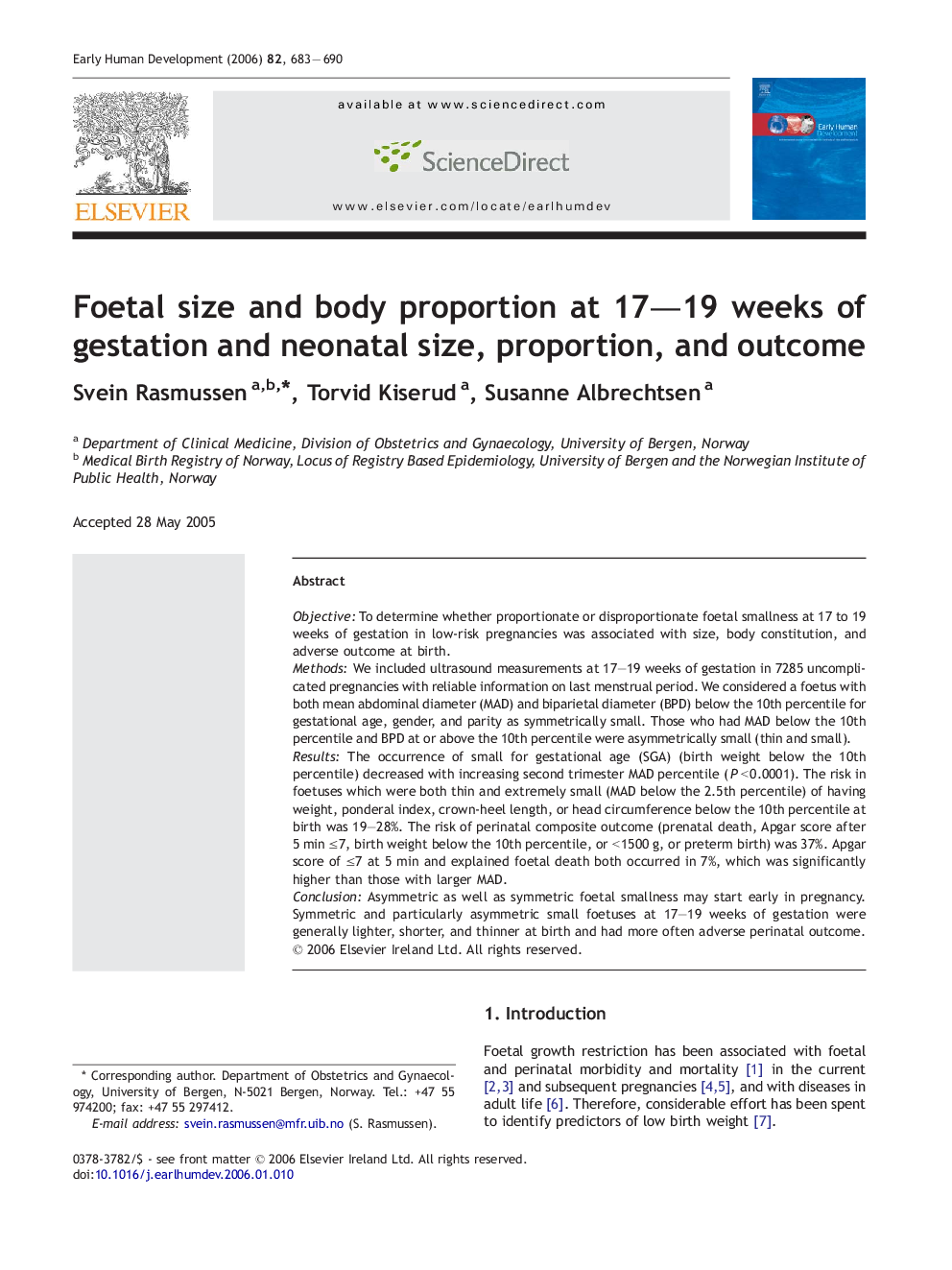 Foetal size and body proportion at 17–19 weeks of gestation and neonatal size, proportion, and outcome