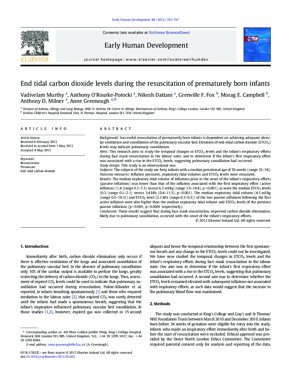 End tidal carbon dioxide levels during the resuscitation of prematurely born infants