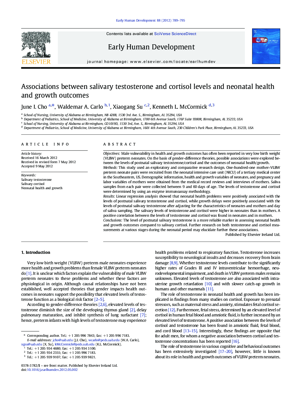 Associations between salivary testosterone and cortisol levels and neonatal health and growth outcomes