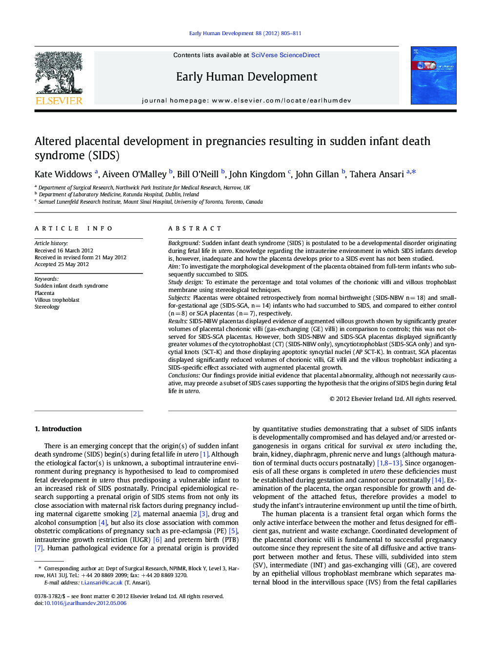 Altered placental development in pregnancies resulting in sudden infant death syndrome (SIDS)