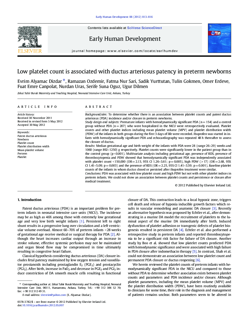 Low platelet count is associated with ductus arteriosus patency in preterm newborns