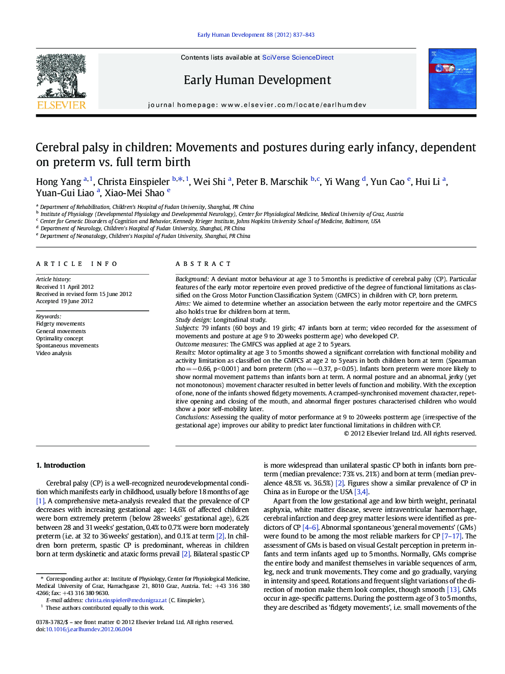 Cerebral palsy in children: Movements and postures during early infancy, dependent on preterm vs. full term birth