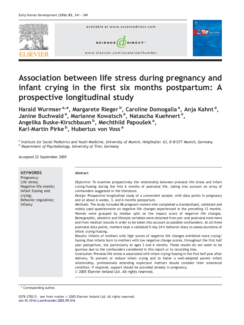 Association between life stress during pregnancy and infant crying in the first six months postpartum: A prospective longitudinal study