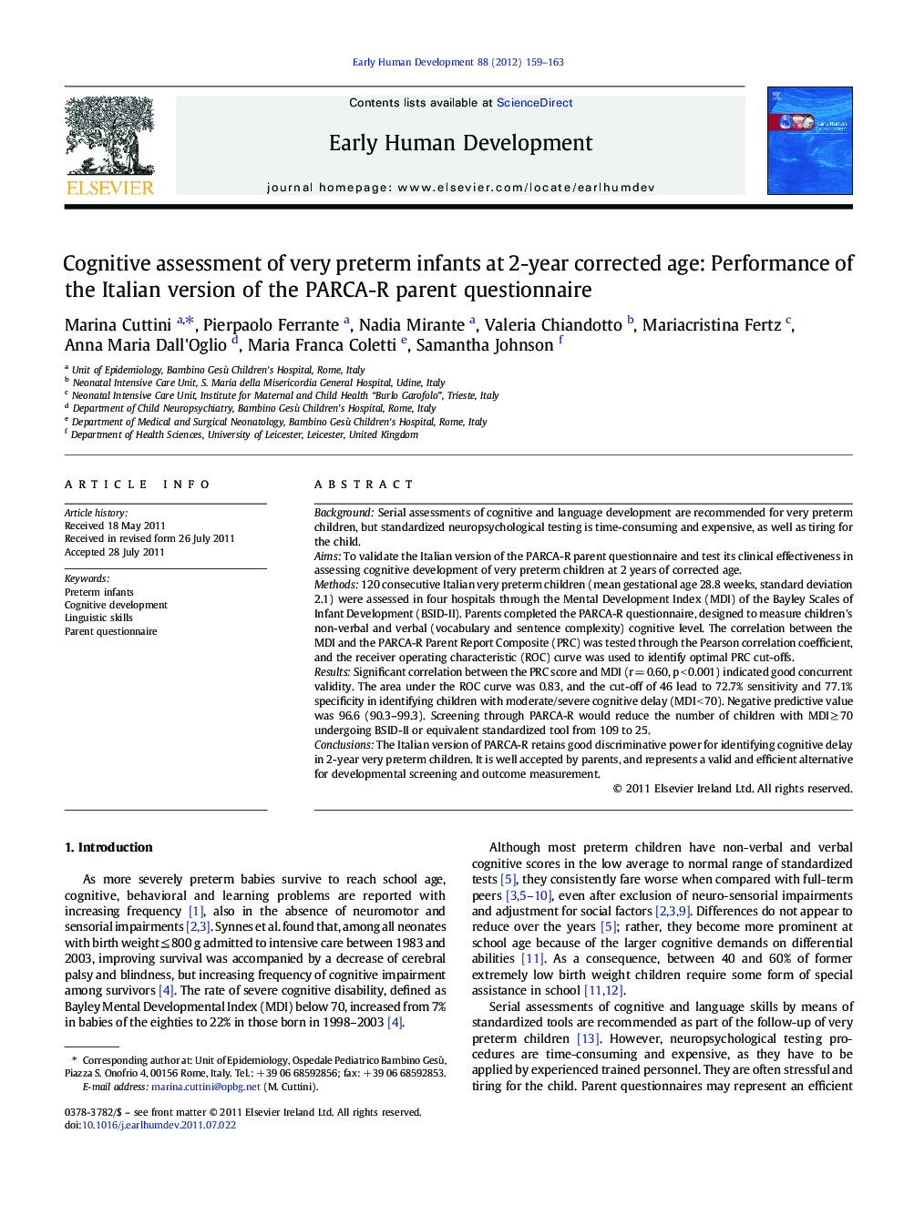 Cognitive assessment of very preterm infants at 2-year corrected age: Performance of the Italian version of the PARCA-R parent questionnaire