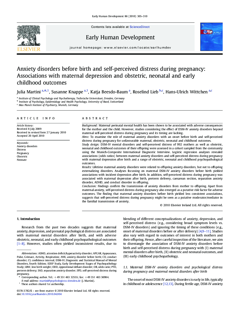 Anxiety disorders before birth and self-perceived distress during pregnancy: Associations with maternal depression and obstetric, neonatal and early childhood outcomes