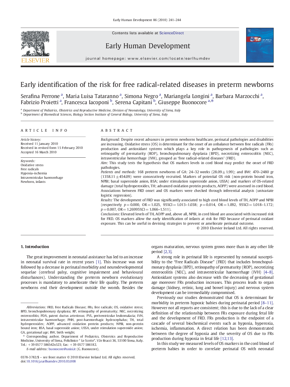 Early identification of the risk for free radical-related diseases in preterm newborns