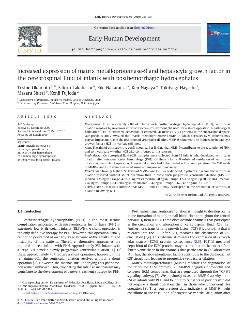 Increased expression of matrix metalloproteinase-9 and hepatocyte growth factor in the cerebrospinal fluid of infants with posthemorrhagic hydrocephalus