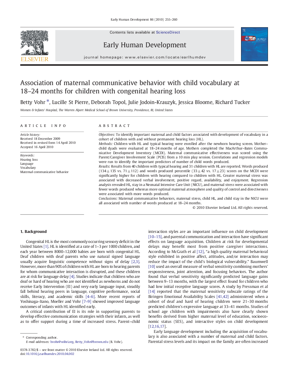 Association of maternal communicative behavior with child vocabulary at 18–24 months for children with congenital hearing loss