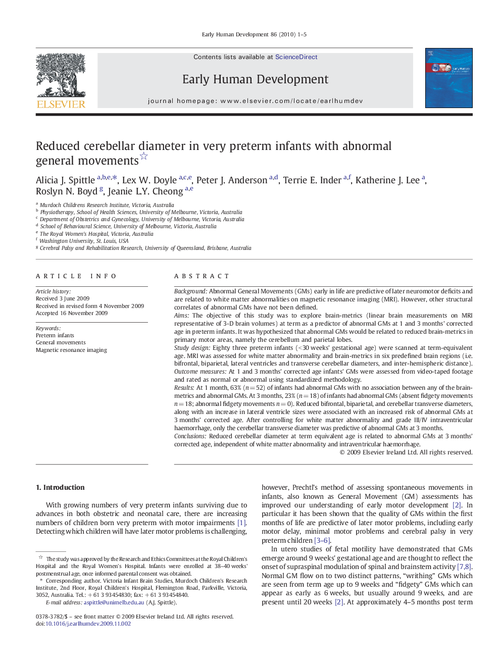 Reduced cerebellar diameter in very preterm infants with abnormal general movements 