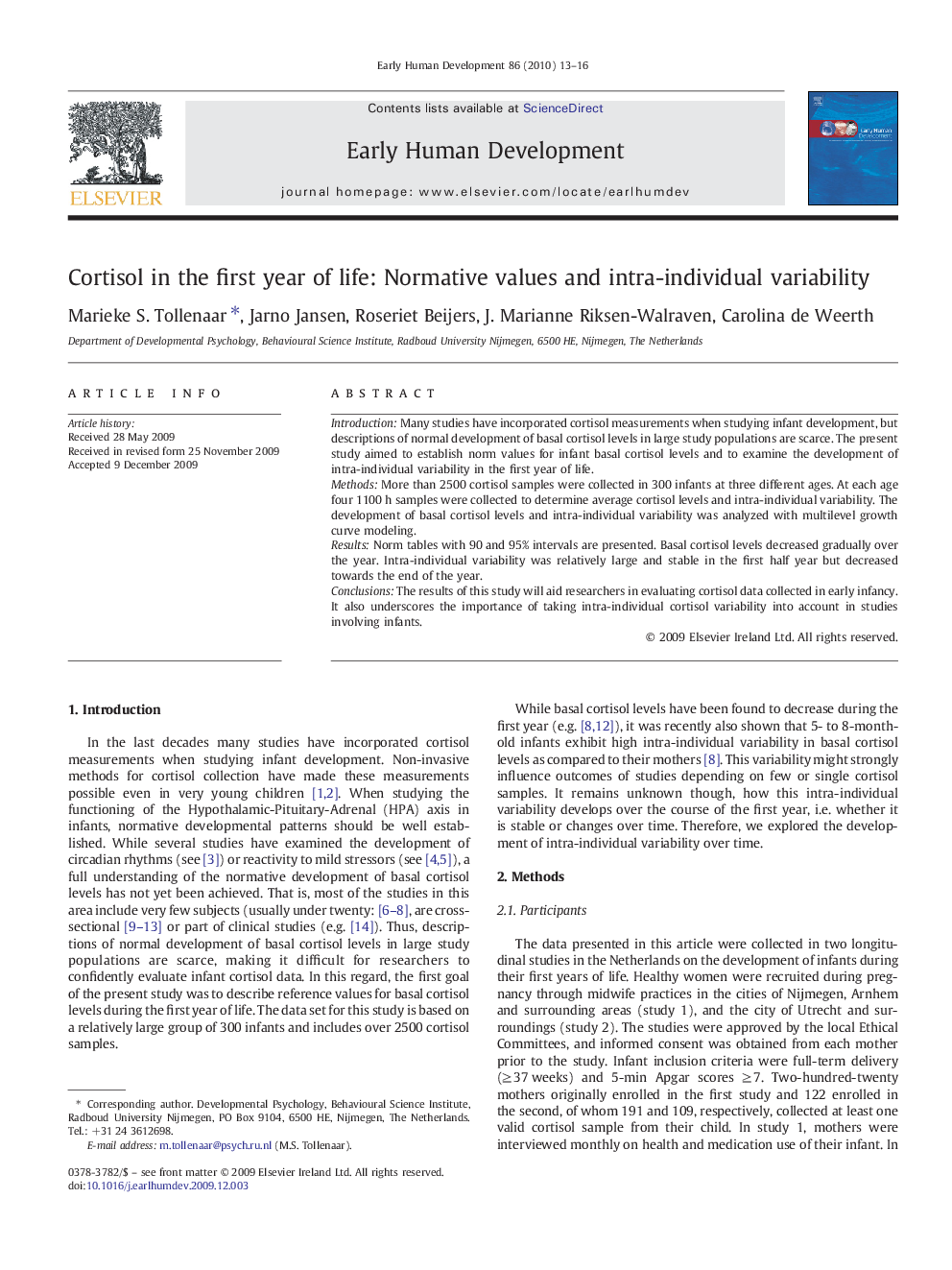 Cortisol in the first year of life: Normative values and intra-individual variability