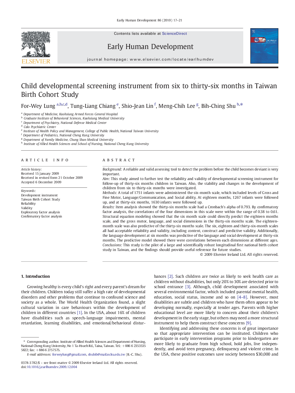 Child developmental screening instrument from six to thirty-six months in Taiwan Birth Cohort Study