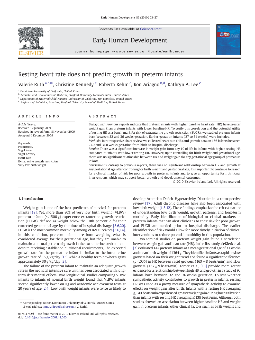 Resting heart rate does not predict growth in preterm infants