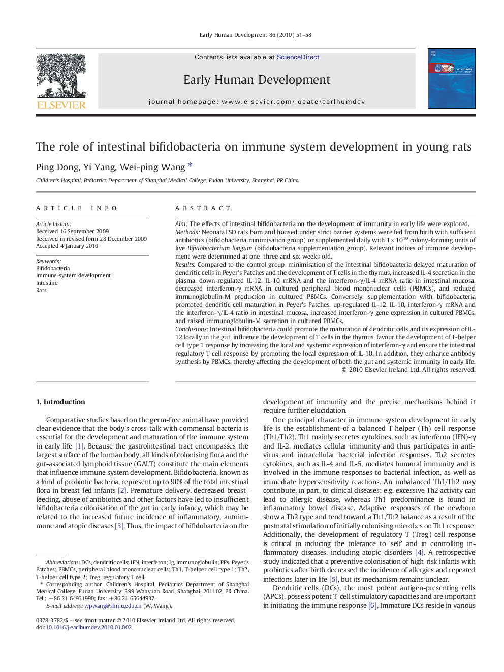 The role of intestinal bifidobacteria on immune system development in young rats