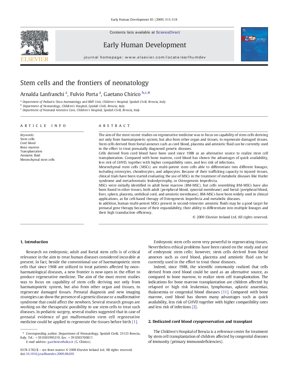 Stem cells and the frontiers of neonatology