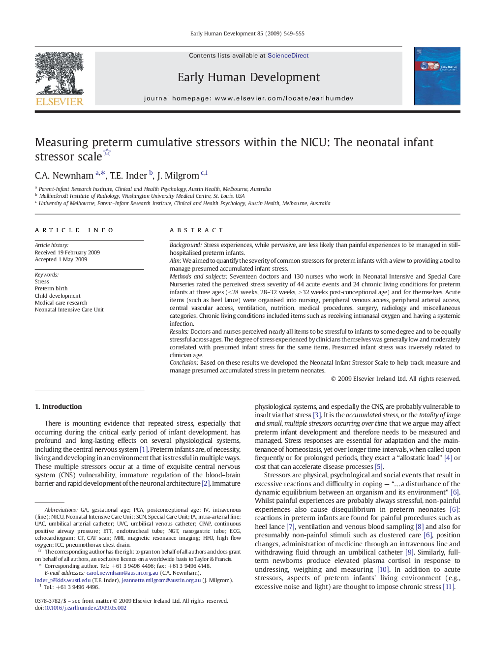 Measuring preterm cumulative stressors within the NICU: The neonatal infant stressor scale 