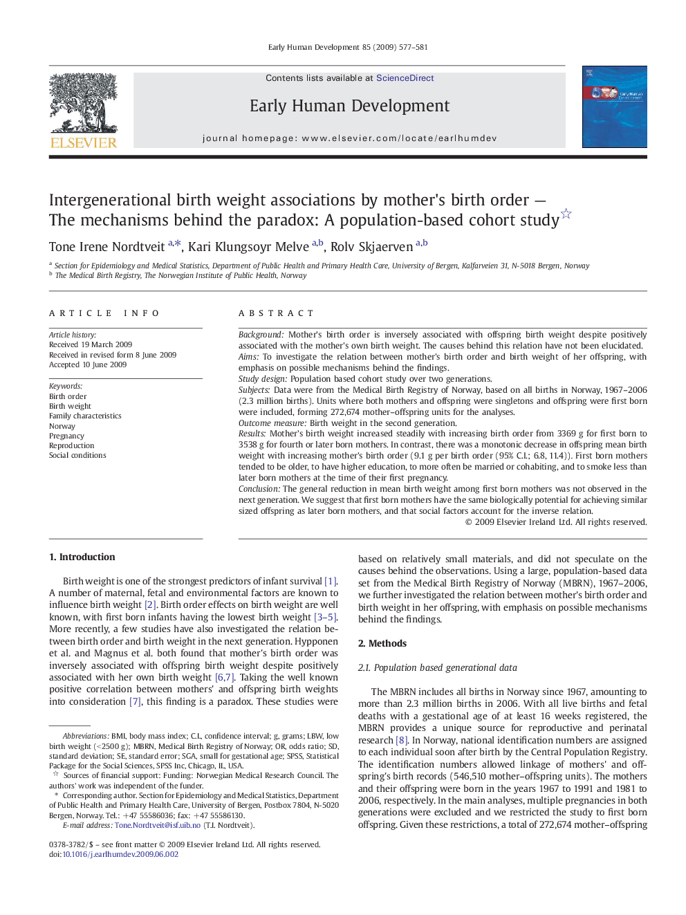 Intergenerational birth weight associations by mother's birth order — The mechanisms behind the paradox: A population-based cohort study 