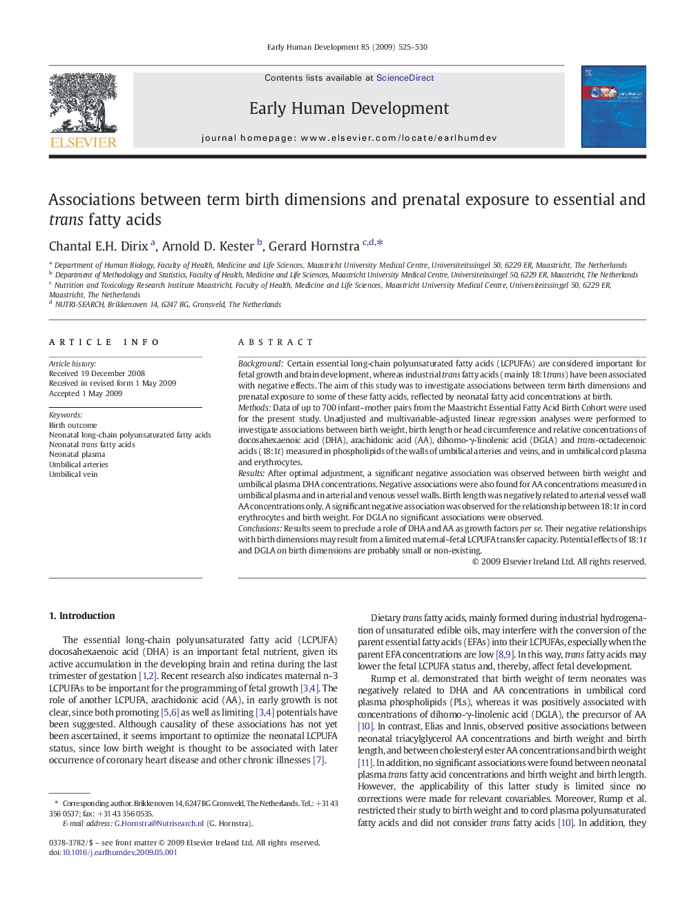 Associations between term birth dimensions and prenatal exposure to essential and trans fatty acids