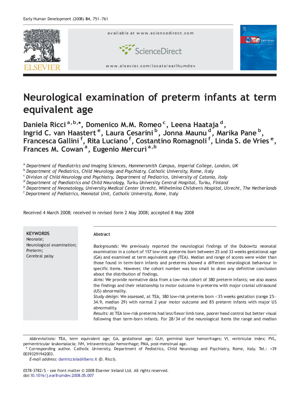 Neurological examination of preterm infants at term equivalent age