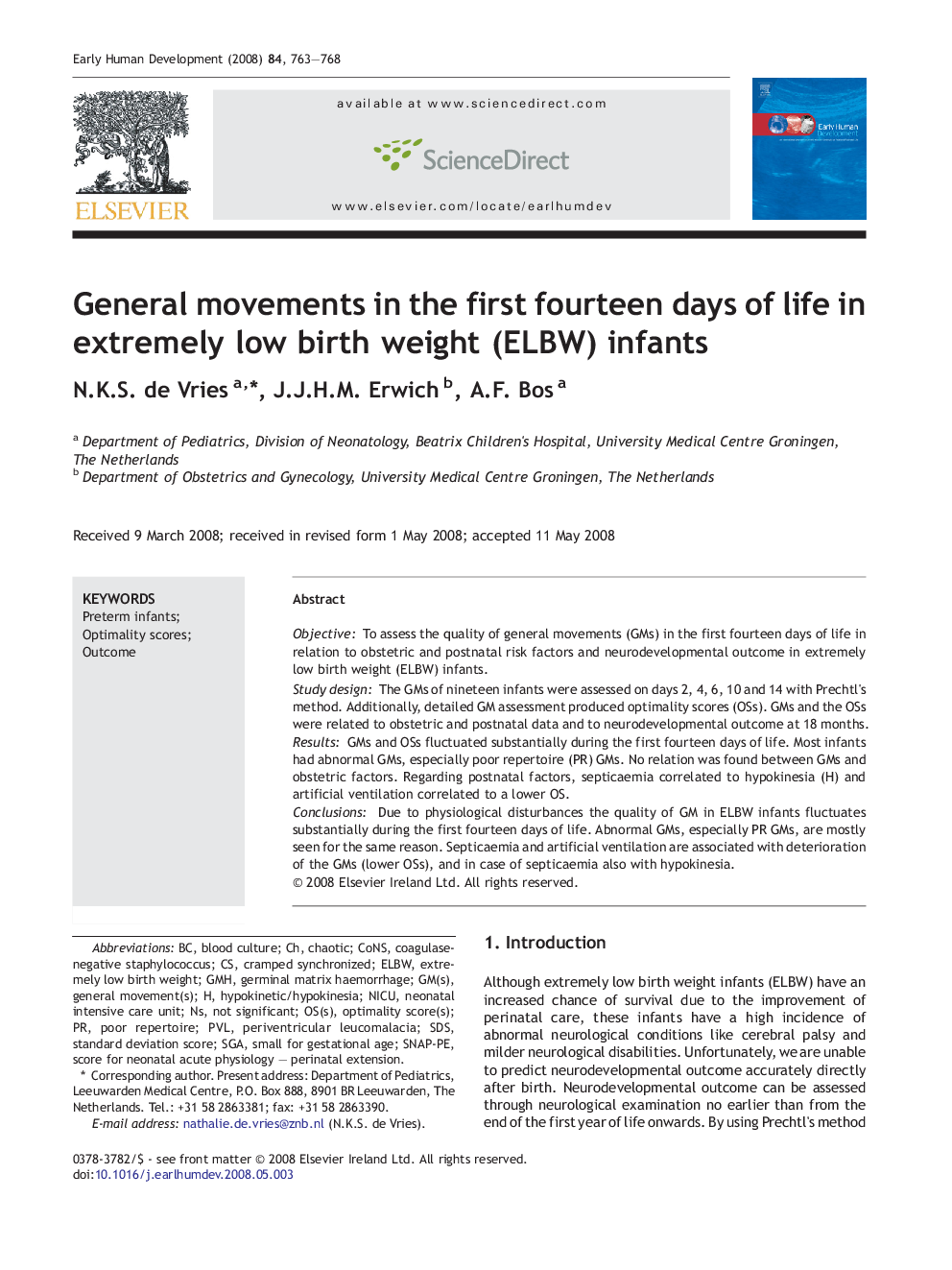 General movements in the first fourteen days of life in extremely low birth weight (ELBW) infants