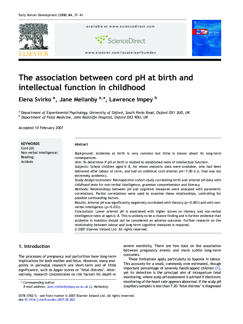 The association between cord pH at birth and intellectual function in childhood