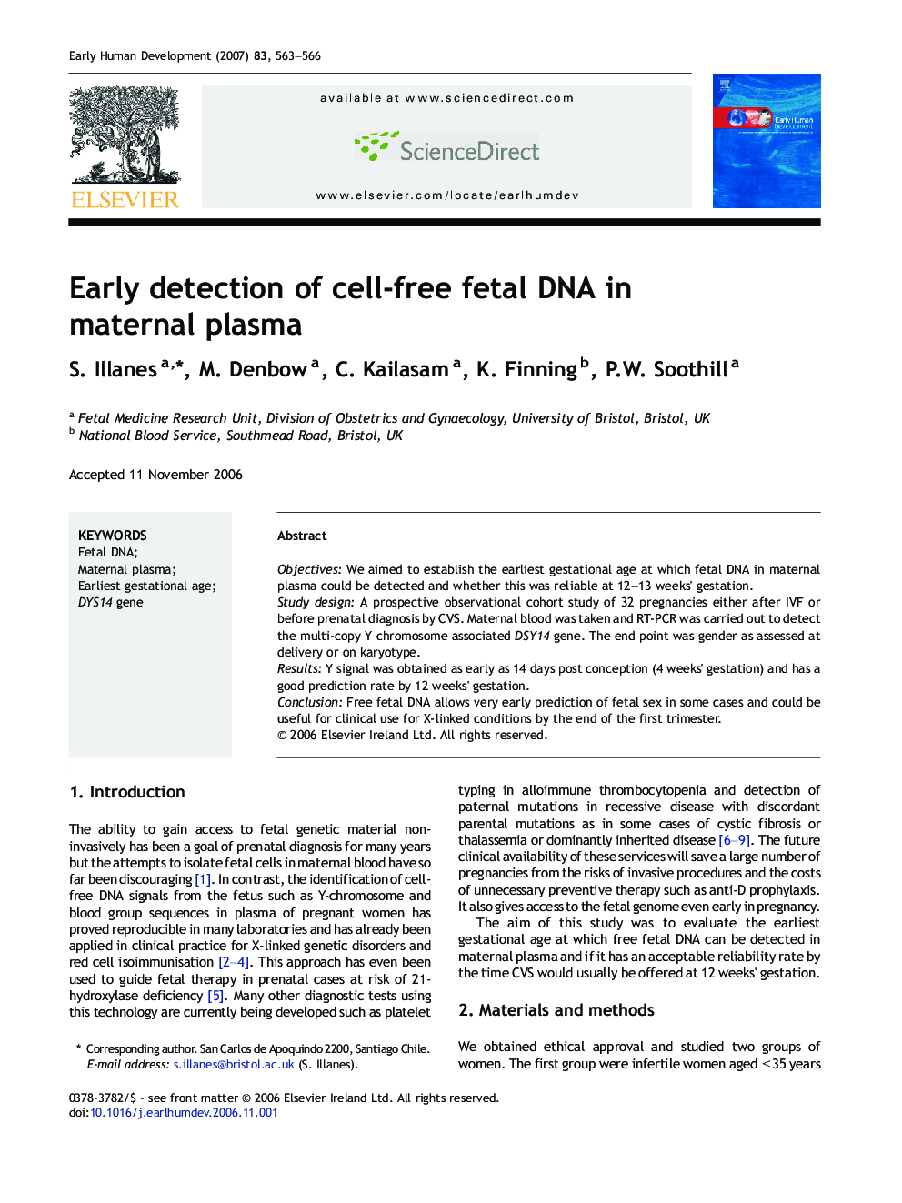 Early detection of cell-free fetal DNA in maternal plasma