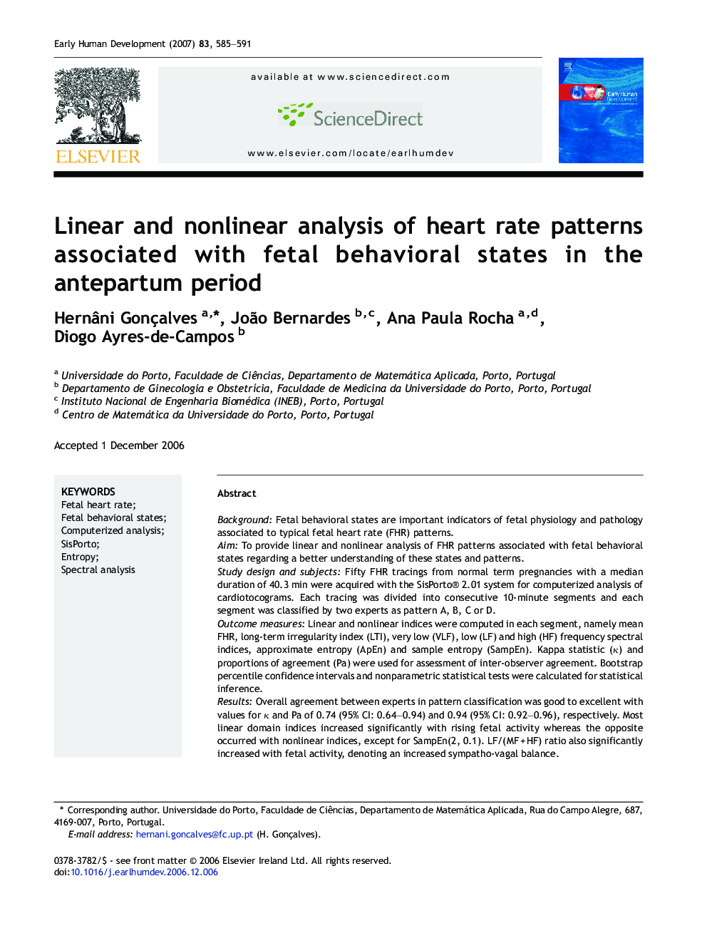 Linear and nonlinear analysis of heart rate patterns associated with fetal behavioral states in the antepartum period