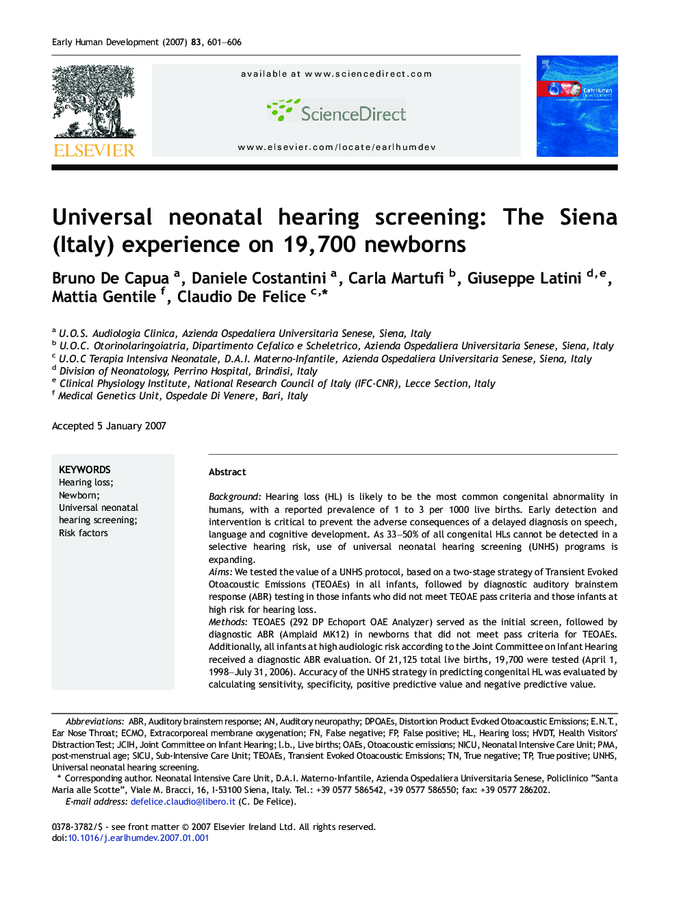 Universal neonatal hearing screening: The Siena (Italy) experience on 19,700 newborns