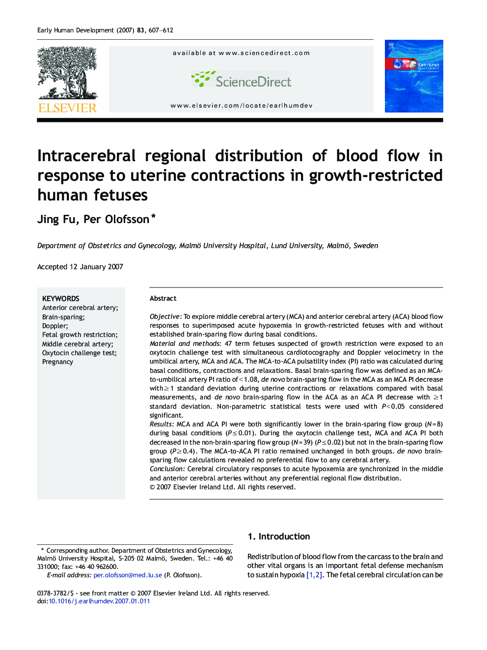 Intracerebral regional distribution of blood flow in response to uterine contractions in growth-restricted human fetuses