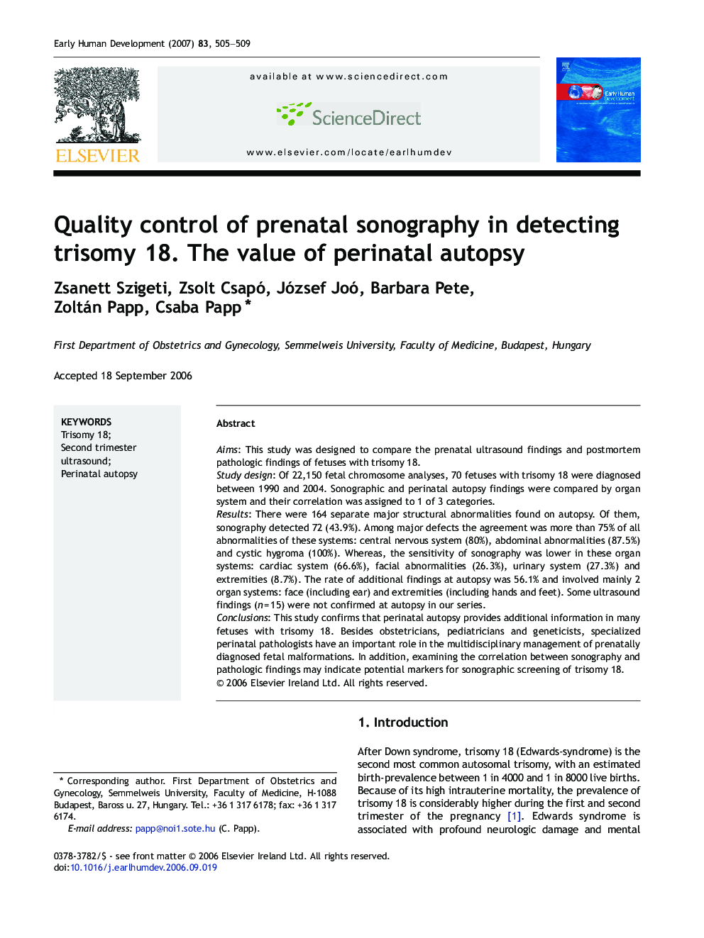 Quality control of prenatal sonography in detecting trisomy 18. The value of perinatal autopsy
