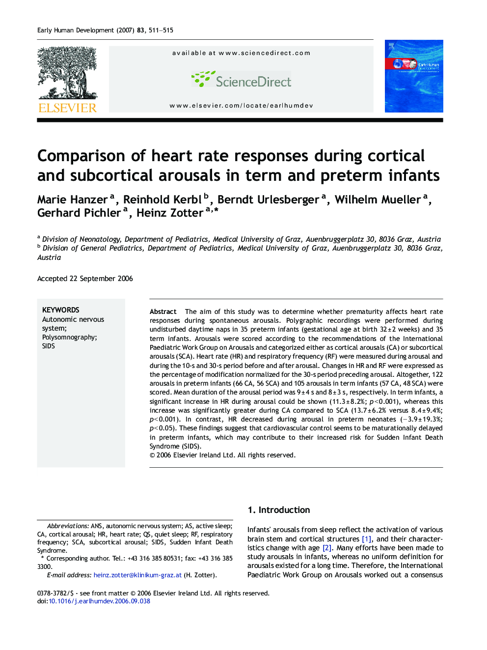 Comparison of heart rate responses during cortical and subcortical arousals in term and preterm infants