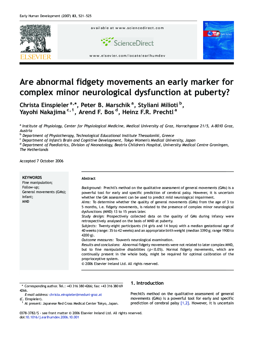 Are abnormal fidgety movements an early marker for complex minor neurological dysfunction at puberty?