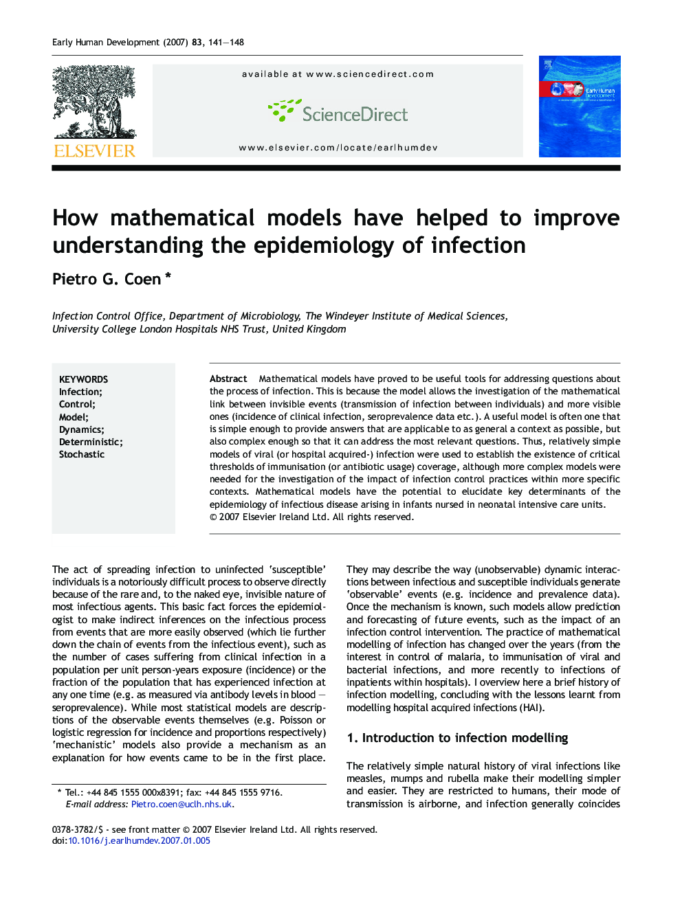 How mathematical models have helped to improve understanding the epidemiology of infection