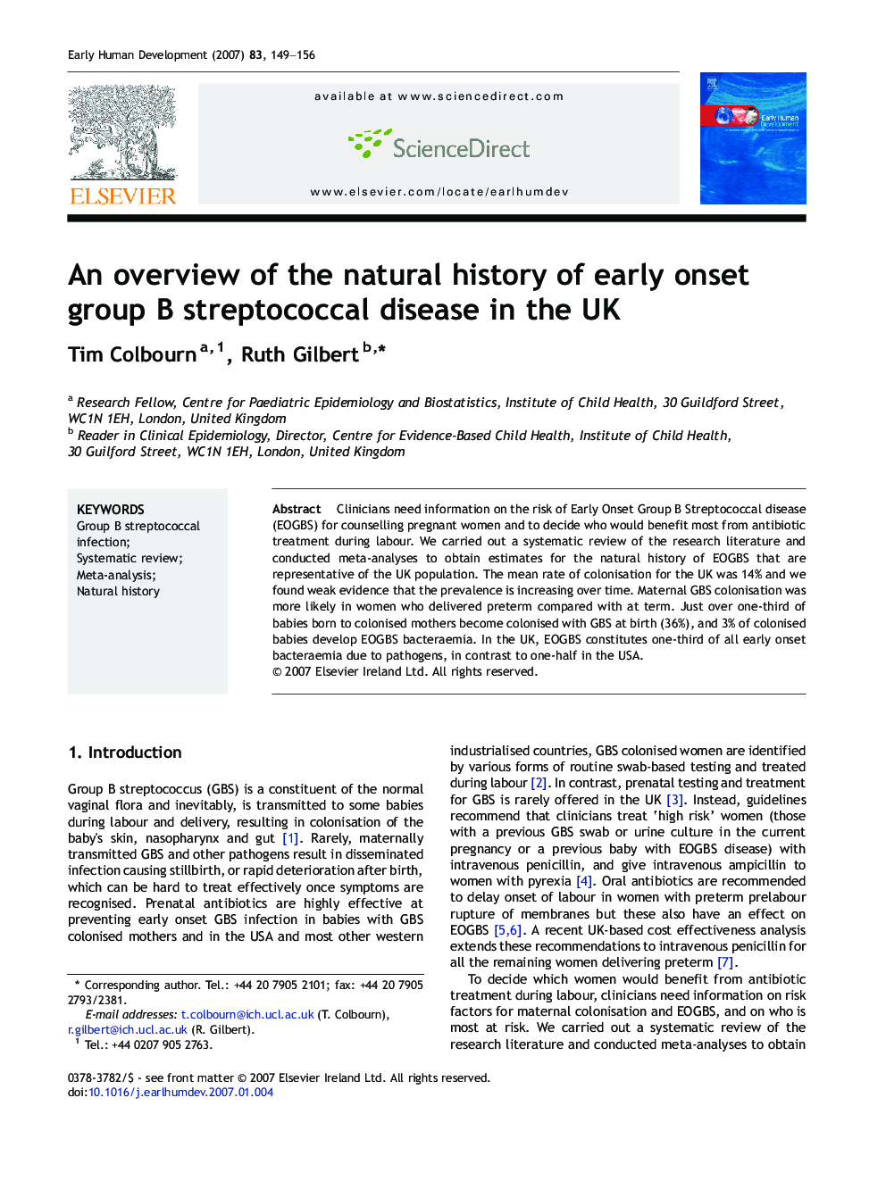 An overview of the natural history of early onset group B streptococcal disease in the UK